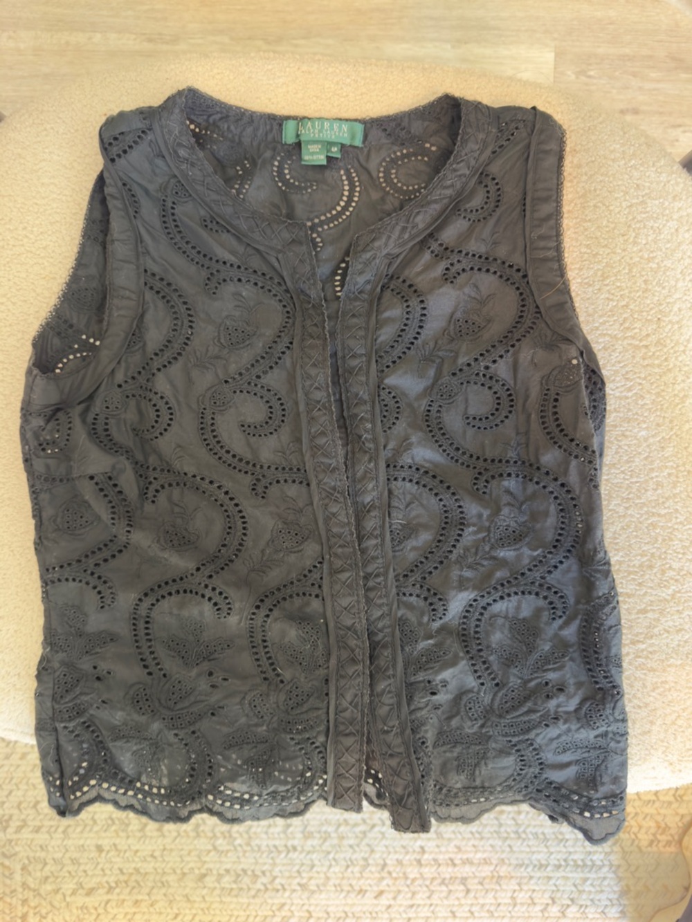 Lauren Ralph Lauren Black Eyelet Embroidered Sleeveless Tank 4P 100% Cotton
